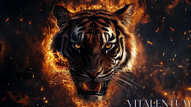 Fierce tiger head emerging from swirling orange flames.
