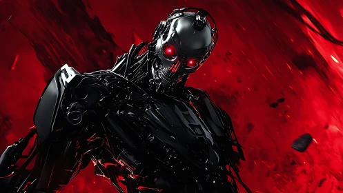 Chrome war machine leans from a crimson storm and stares