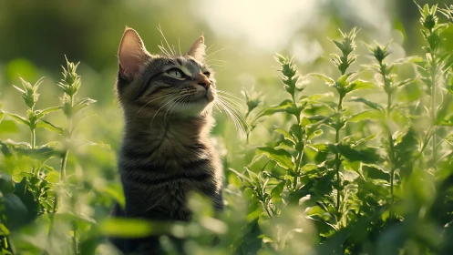 Tabby Cat in Garden Wildflowers.