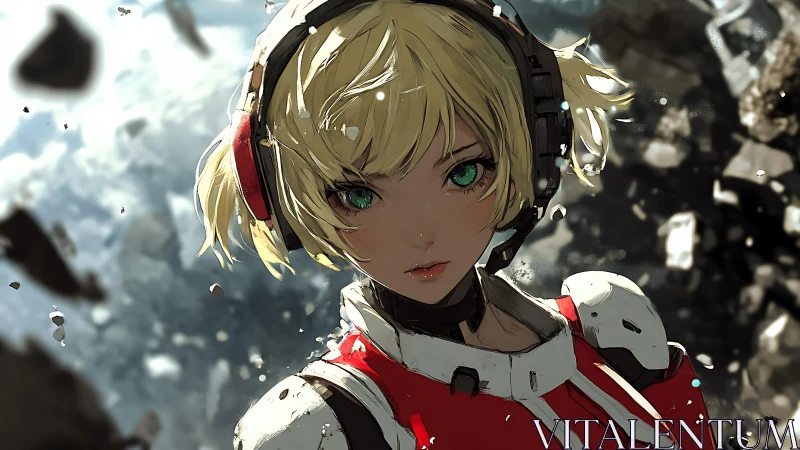 Starbound pilot with emerald eyes in drifting starlight.