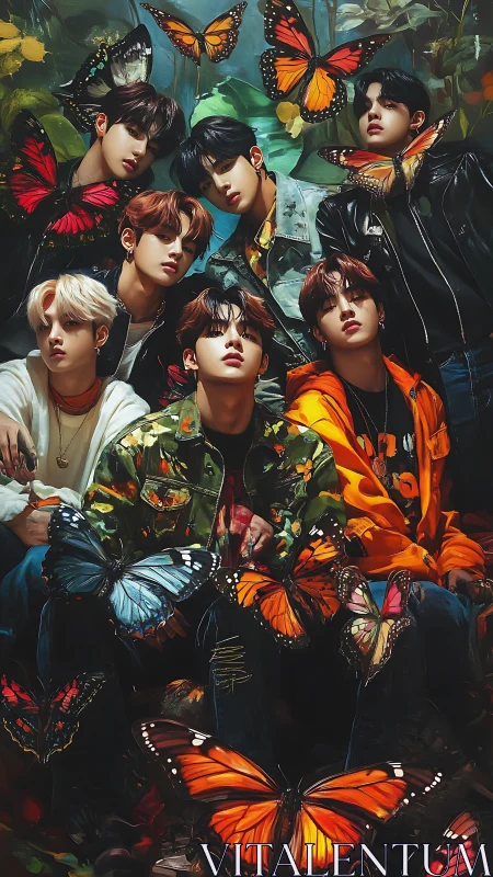 Seven stylized youths framed by monarch butterflies in lush forest