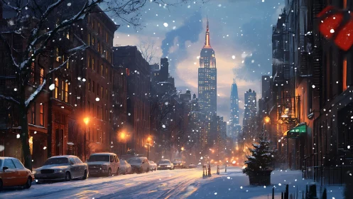 Snowy evening city street with illuminated skyline.