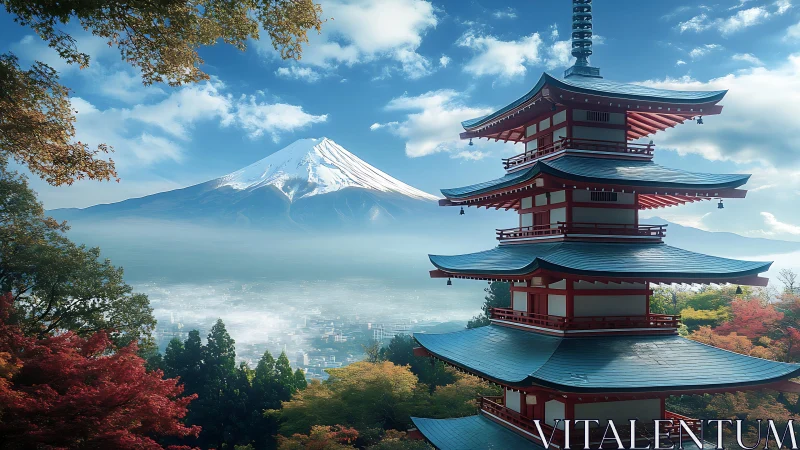 Layered pagoda and Mt. Fuji aligned in crisp autumn atmosphere