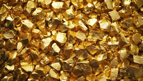 Glittering cluster of faceted gold nuggets in tight macro view.