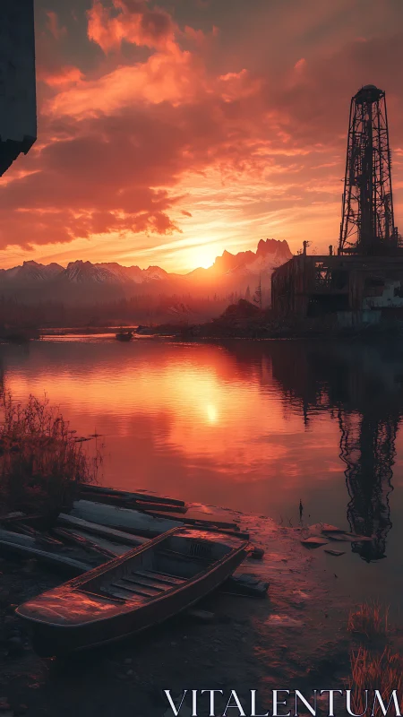 Rusted tower and lone boat under ember-soaked sunset sky.