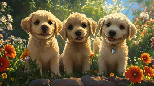 Sunny garden pups sharing smiles among bright blooms.
