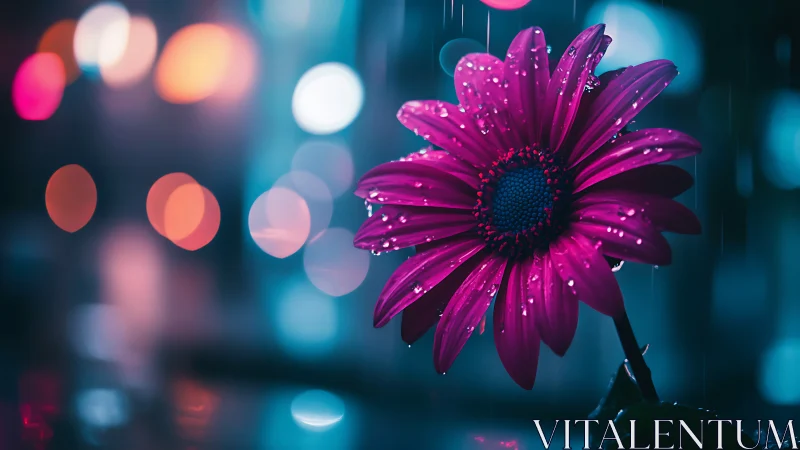 Neon pink daisy glows in rainy city bokeh nightscape.