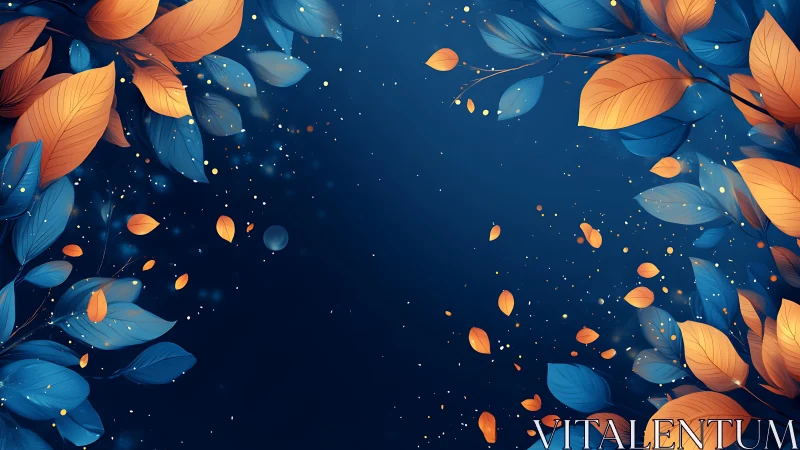 Digital painting foliage frame with luminous leaf scatter.