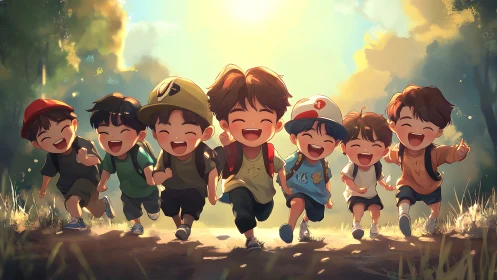 Children Running Through Golden Sunlight Fields