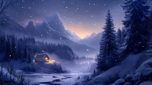 Winter mountain valley with cabin, forest and snowfall at dusk.