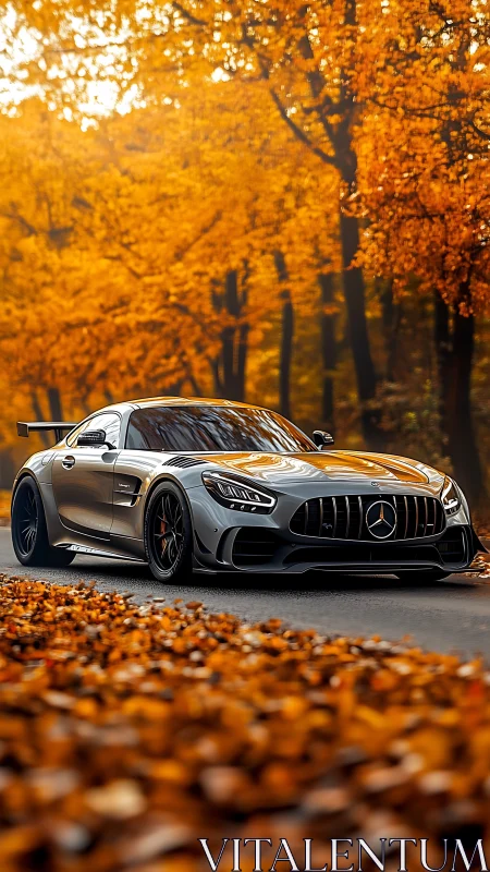 Silver performance coupe under glowing autumn forest canopy.