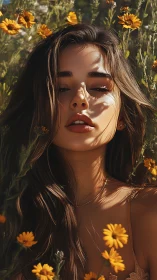Sunlit portrait amid golden wildflowers in gentle bloom.