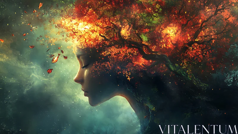 Dreaming forest spirit merges with burning autumn canopy.