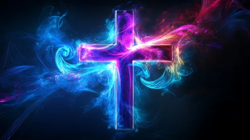 Luminous chromatic cross with turbulent plasma-like energy fields.