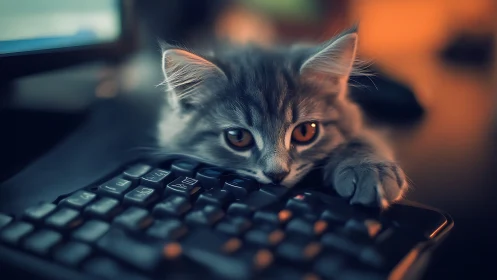 Cat Studying Computer Keyboard with Amber Eyes