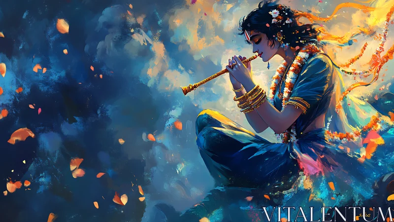 Digital painting of serene flute player in vivid motion blur.