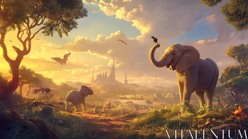 Golden-hour savanna with elephants framed against distant fantasy citadel