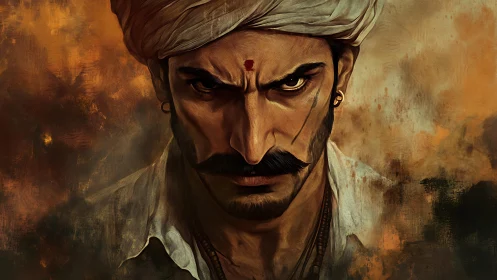 Intense turbaned portrait renders fierce gaze in warm chiaroscuro