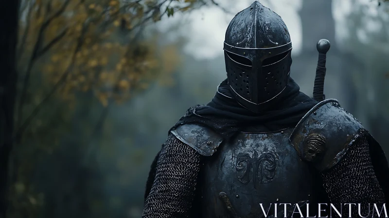 Armored knight stands in misty forest wearing dark plate armor