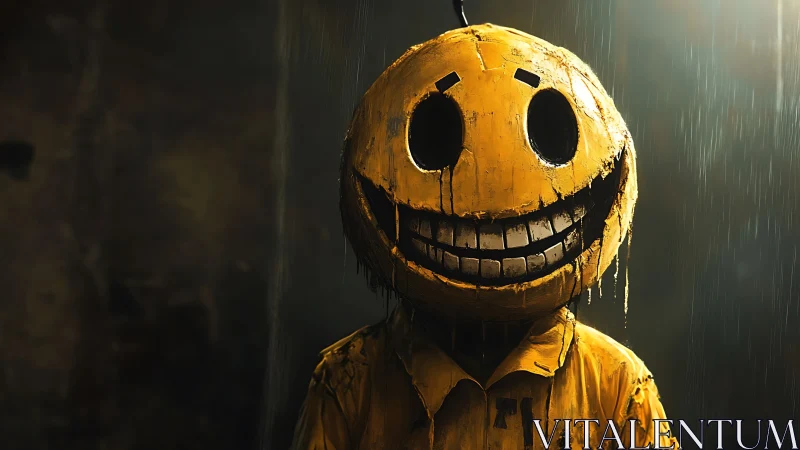 Photorealistic dystopian smiley mask under rain lighting.