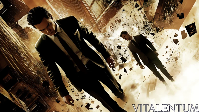 Suits suspended in shattering urban void of golden haze.