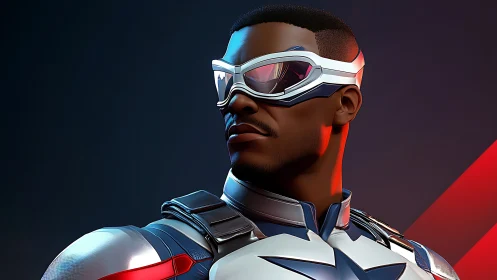 Bold futuristic hero gazes beyond the glowing horizon.