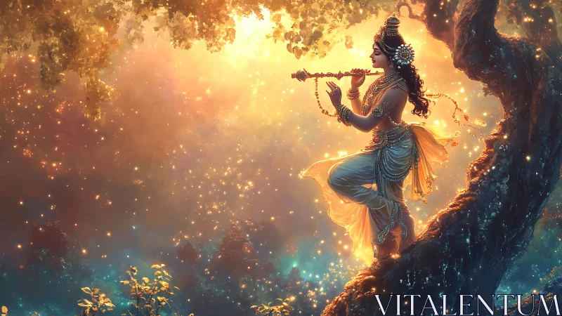 Celestial flute player bathing a twilight forest in starlight.