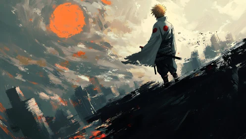 Lone anime warrior overlooking abstract ruined skyline.