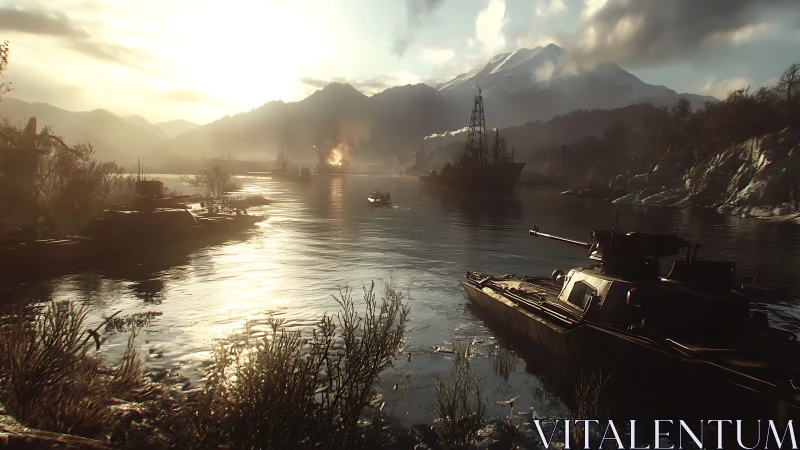 Sunlit war harbor resting beneath snow capped mountains.