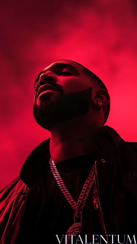 Cinematic low-angle portrait in monochrome red lighting study.