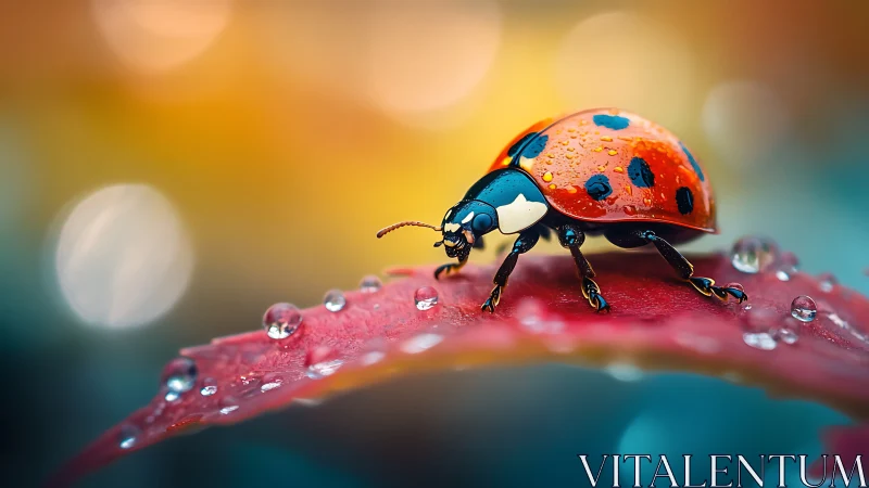 Ladybug stroll on a dewy leaf in dreamy morning light.
