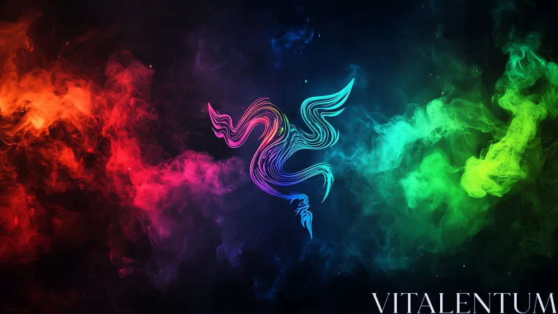 Neon serpent emblem in chromatic vapor field composition.