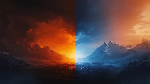 Midnight horizon where firelit peaks meet frozen dawn.