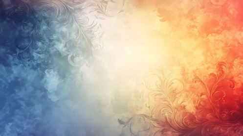 Abstract blue to orange gradient with floral swirl pattern.