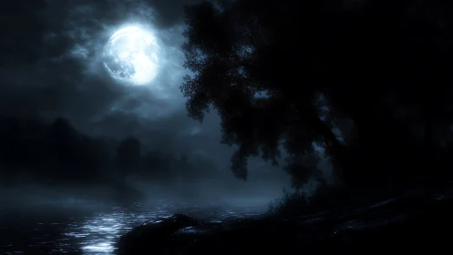 Moonlit river hush beneath whispering shadowed trees.