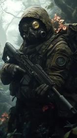 Hooded gas-mask operative grips rifle in dense misty forest