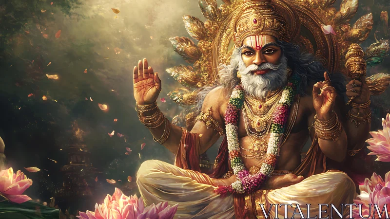 Radiant Hindu deity seated on lotus throne amid golden aura