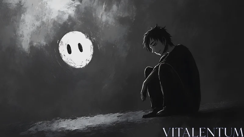 Solitary boy in monochrome scene with observing white orb.