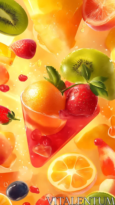 Vibrant digital art of mixed fresh fruits in motion.