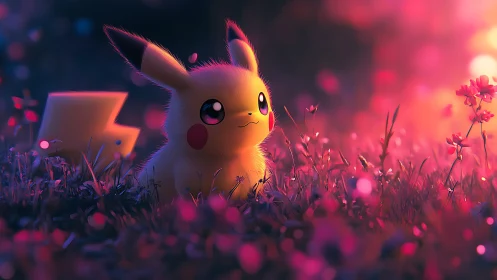 Pikachu rendered in luminous 3D bokeh field at sunset
