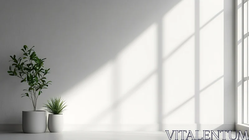 Minimalist interior plants framed by geometric window light