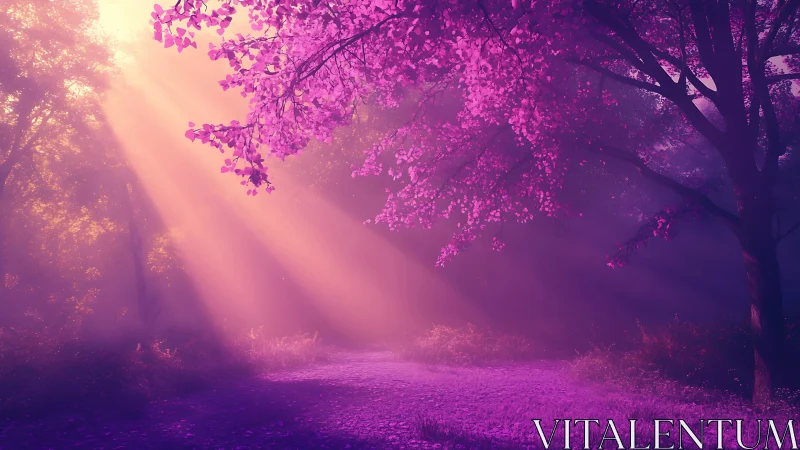 Iridescent magenta forest canopy with volumetric sunrise rays