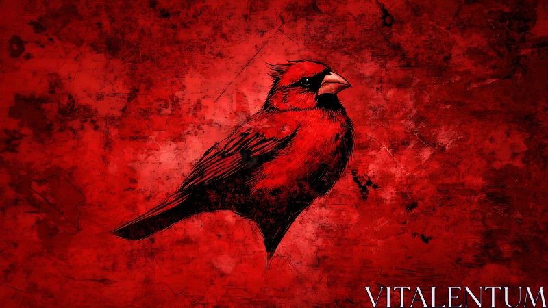 Cardinal's Crimson Solitude: Ink-Whispered Bird Against Bleeding Red.