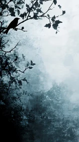 Silhouetted crow on branches emerges against textured mist sky