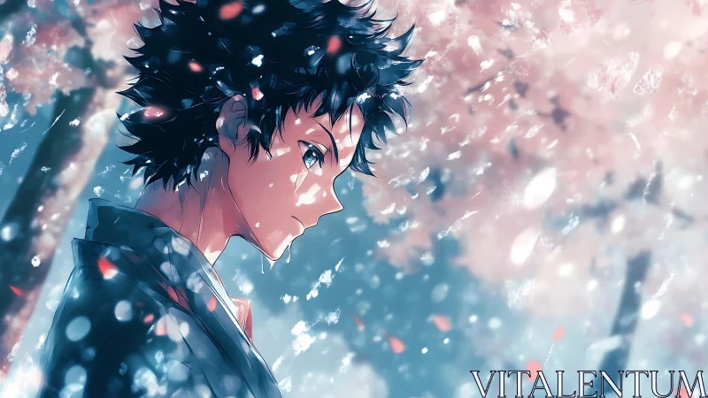 Side profile of anime boy under blooming cherry trees.