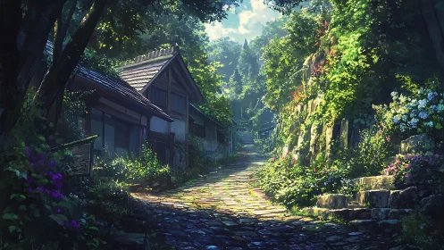 Sunlit stone path gently winds through a quiet forest village