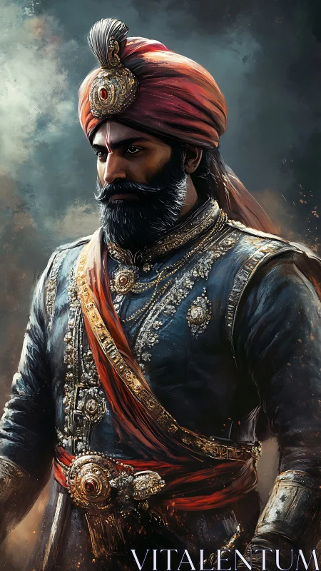 Regal warrior king stands in jeweled armor and crimson turban