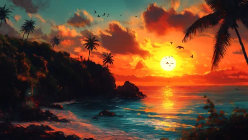Tropical coastline with sunset, palm silhouettes, distant birds.