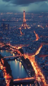 Paris night skyline with Eiffel Tower and glowing streets.