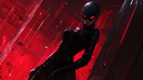 Masked figure in black suit stands in red rain-soaked alley